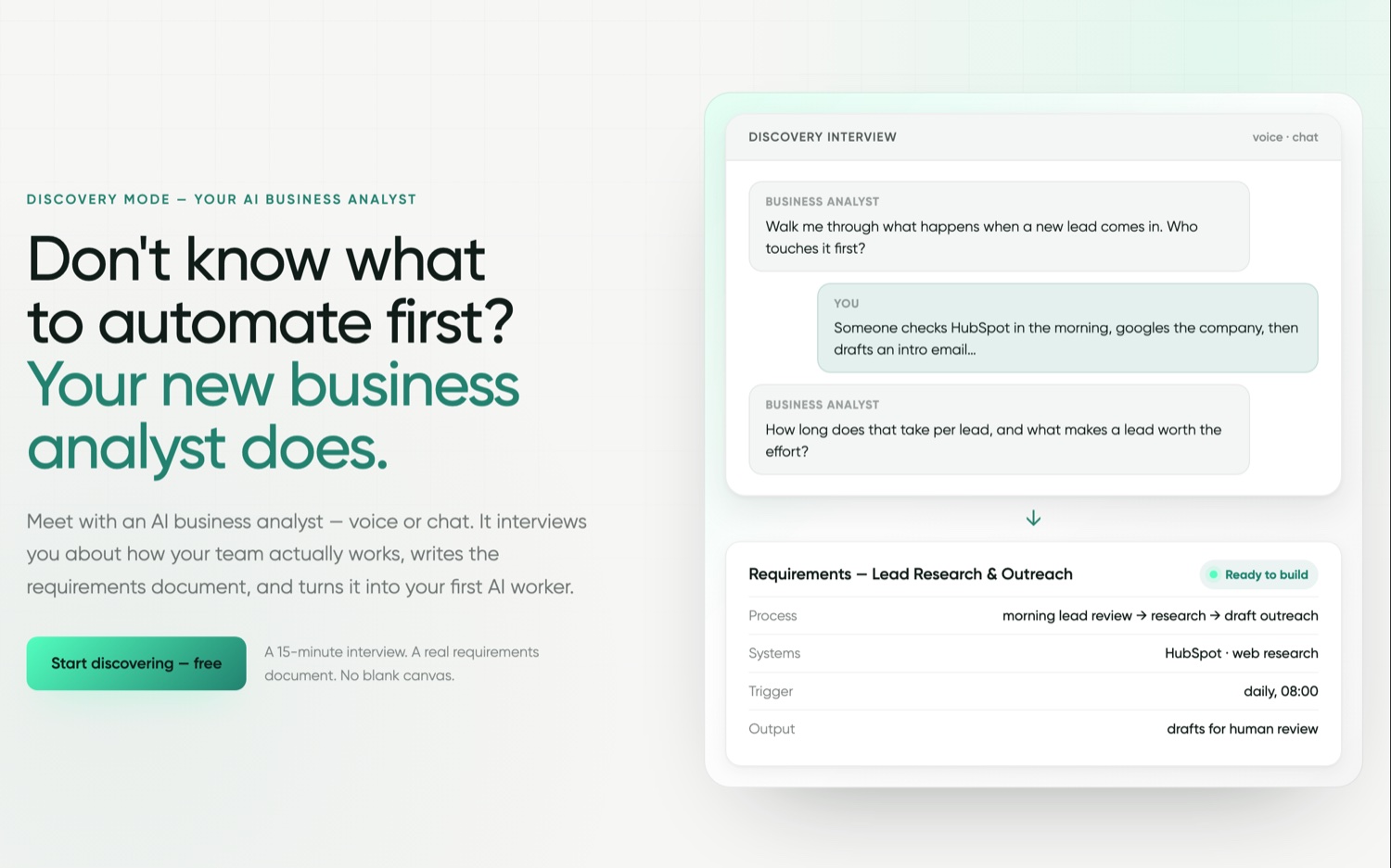 EverWorker Discover: an AI business analyst interviews the user and writes the requirements document.