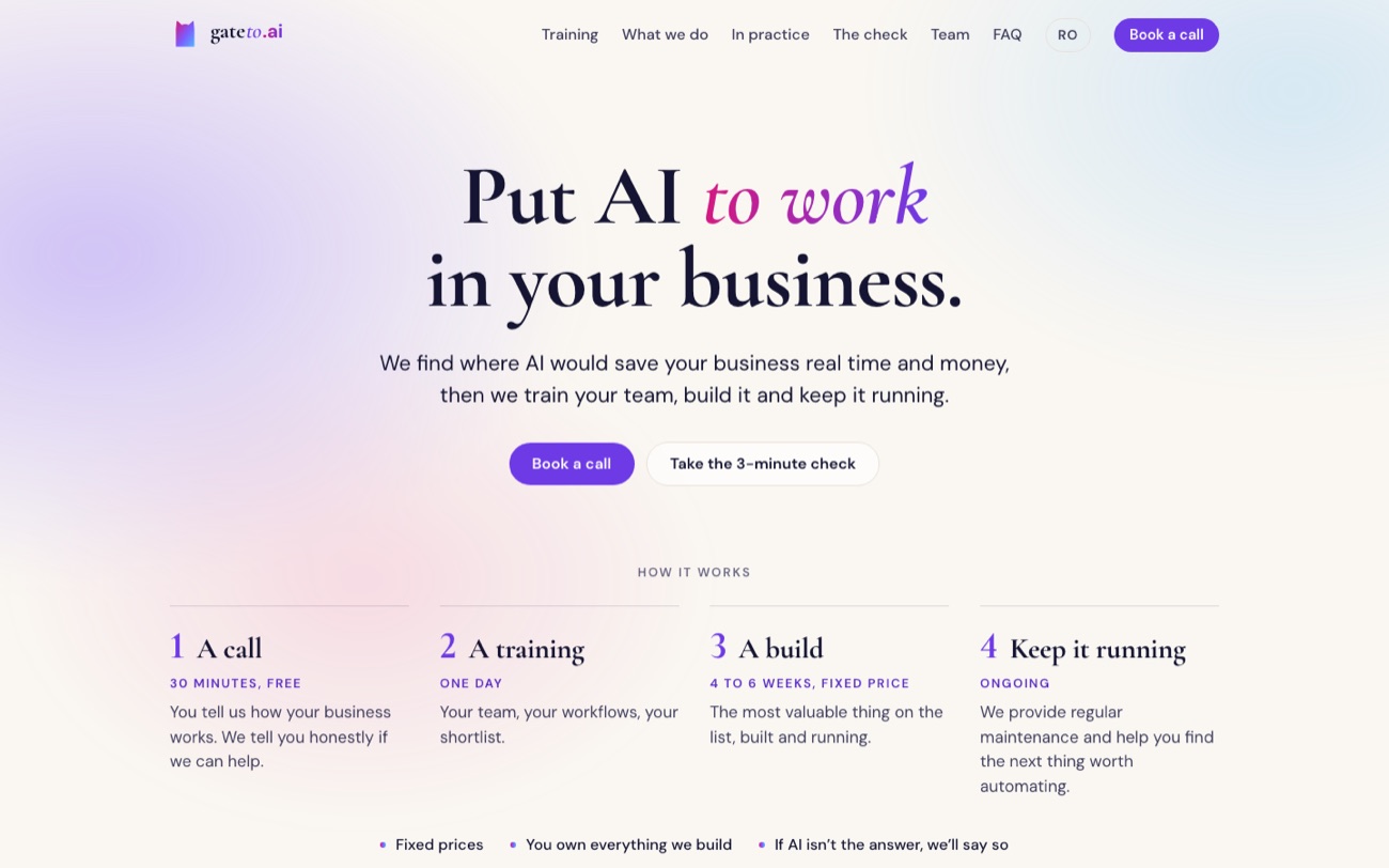 The gateto.ai home page: Put AI to work in your business.