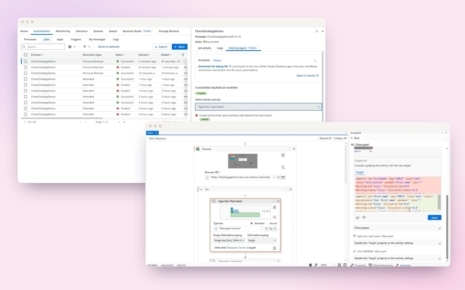 UiPath Healing Agent: in Orchestrator it shows which activities failed and were healed; in Studio, Autopilot suggests the new target and applies the fix.